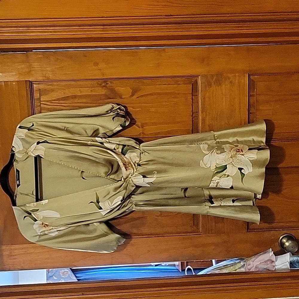 Zara silk mid dress agold kakhi with cream and peach